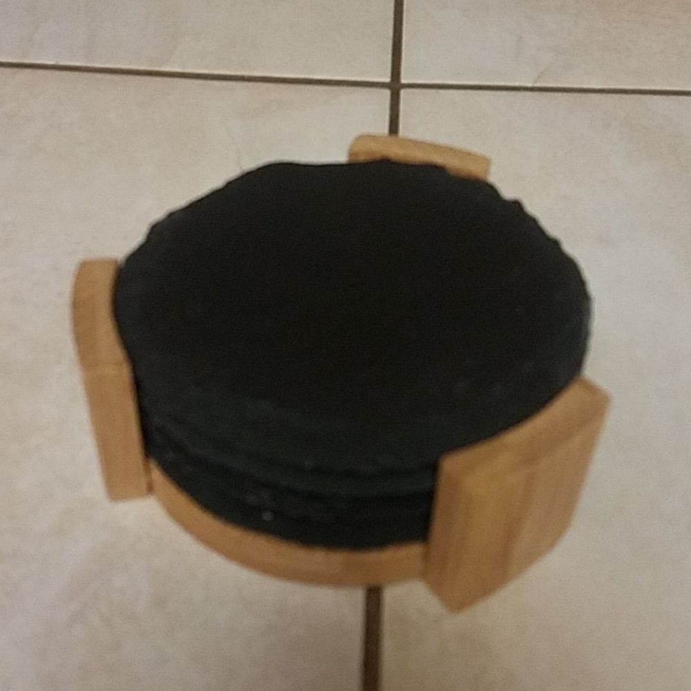New set of 4 Slate Stone Coasters Bamboo Hldr